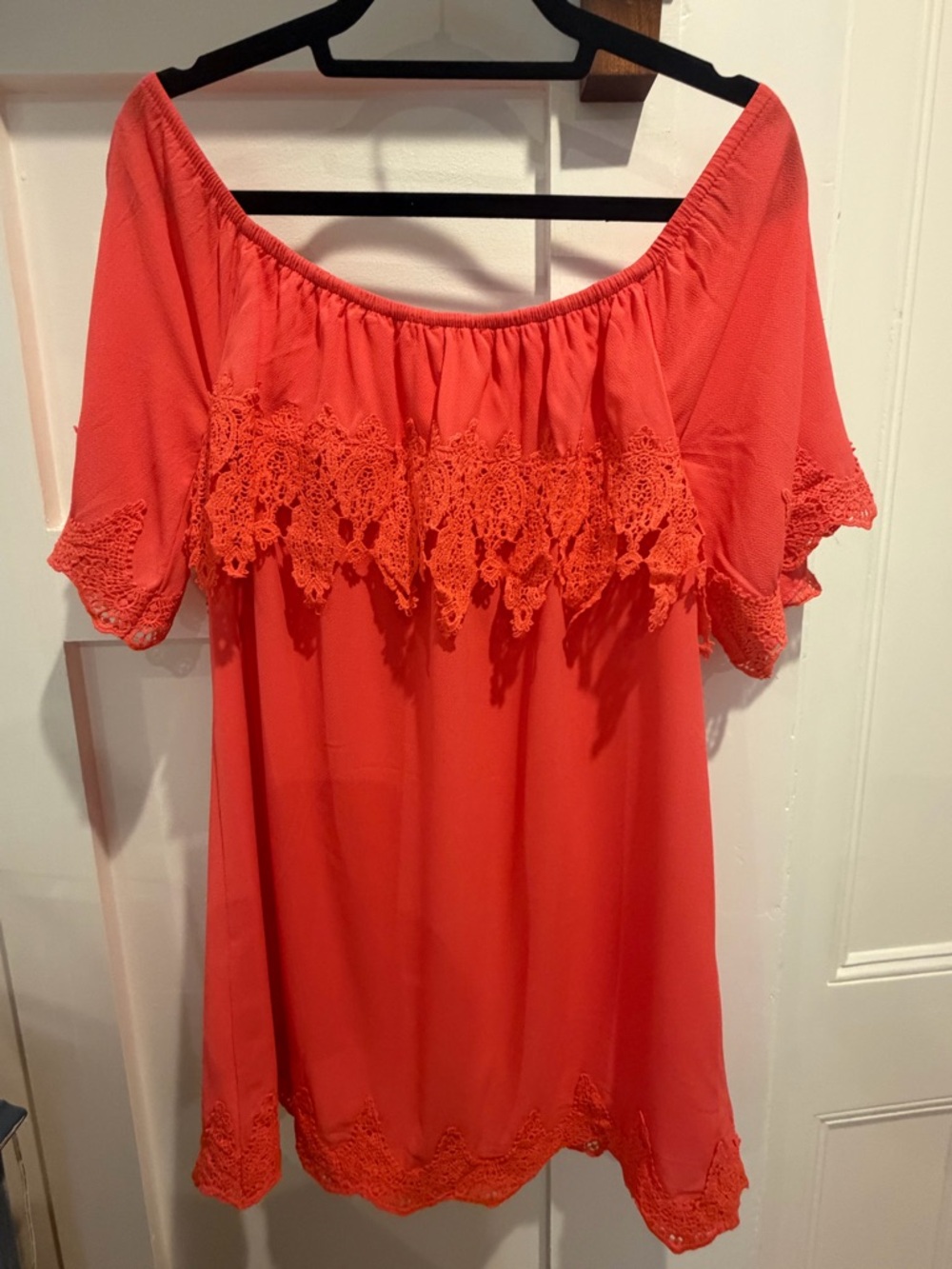 Umgee Coral Off-Shoulder Crochet Trim Mini Dress